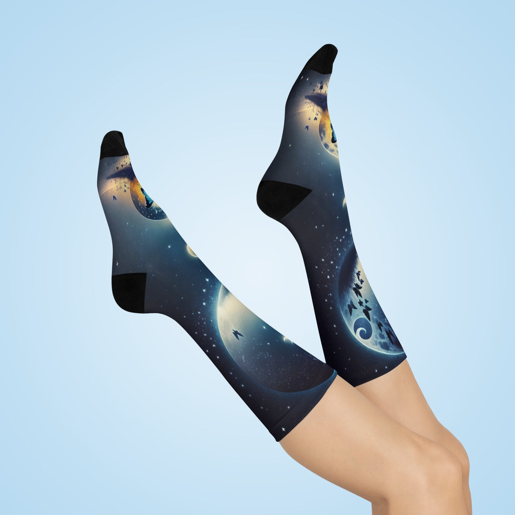 Celestial Butterfly Galaxy Socks - Cosmic Moonlight and Butterfly Silhouette