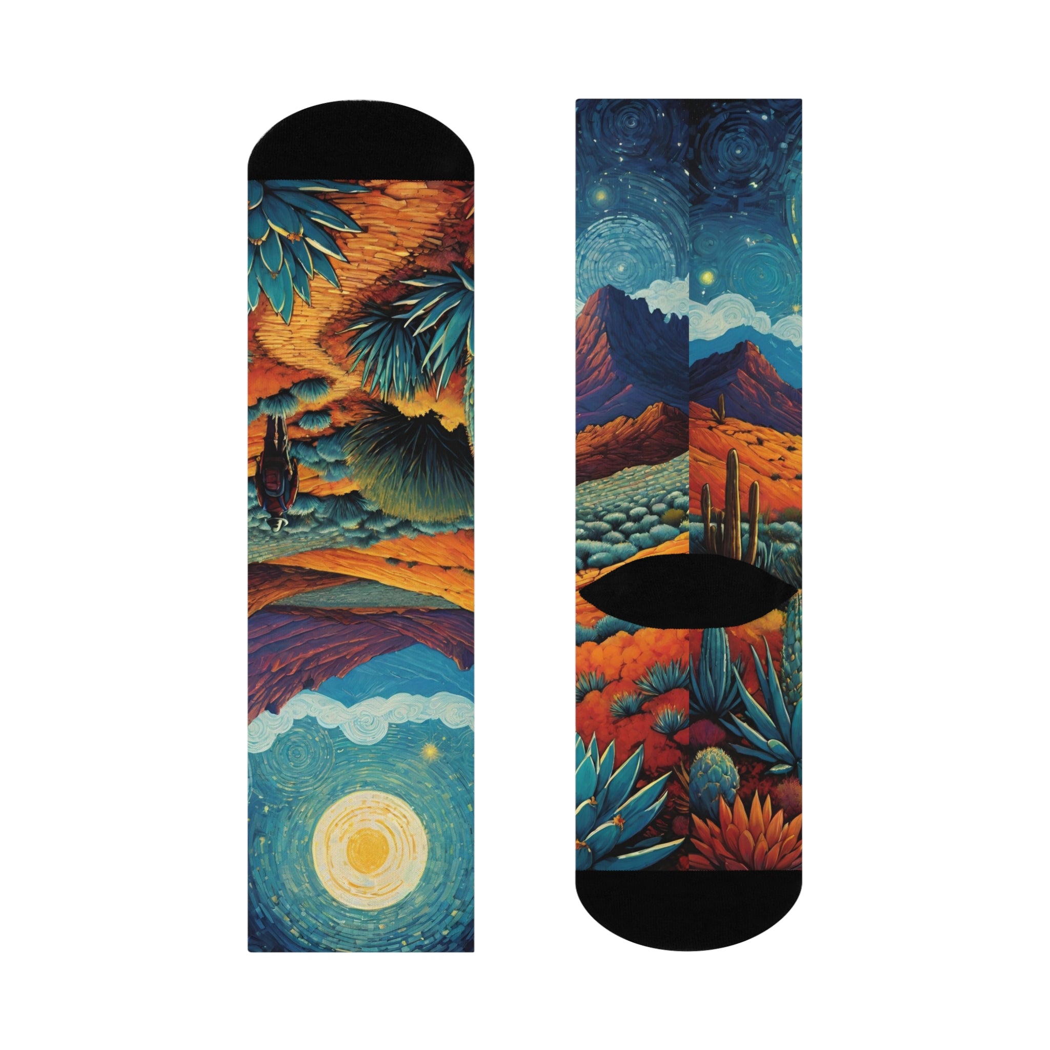 Desert Walking Nightscape Cushioned Crew Socks | Moonlit Mountains, Cactus Trail