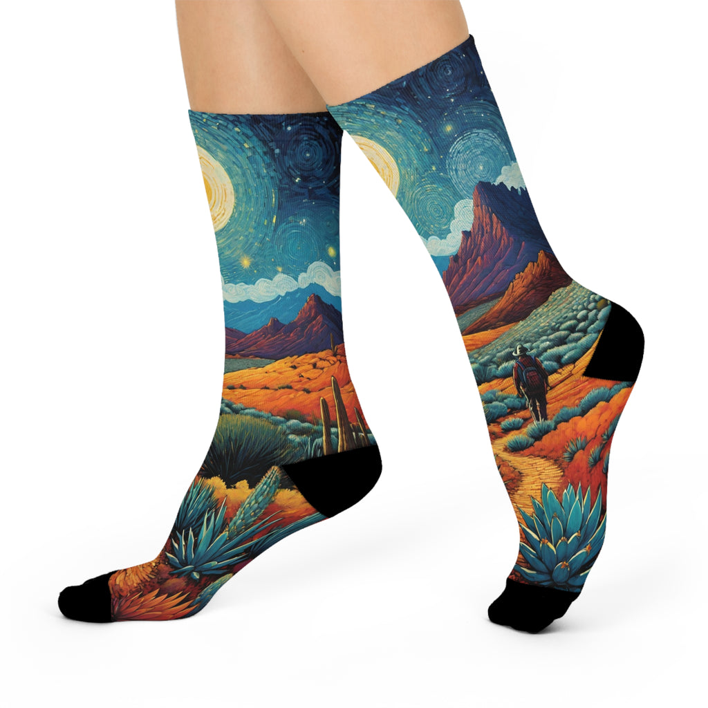 Desert Walking Nightscape Cushioned Crew Socks | Moonlit Mountains, Cactus Trail