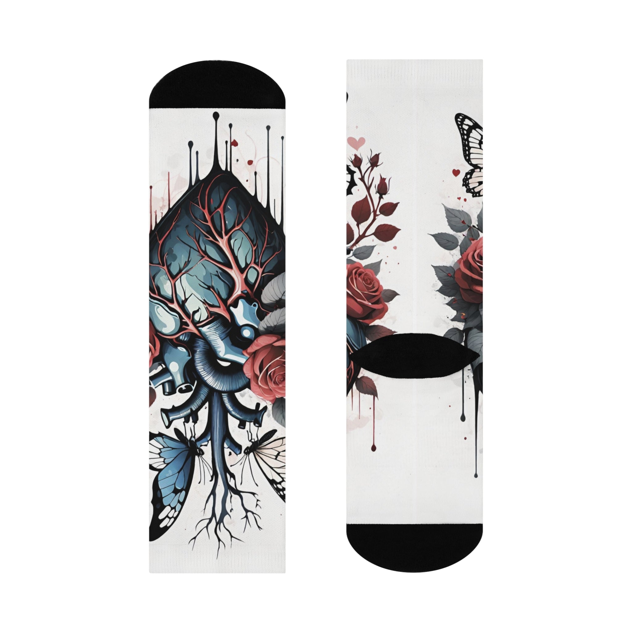 Anatomical Heart with Roses and Butterflies Crew Socks | Cushioned