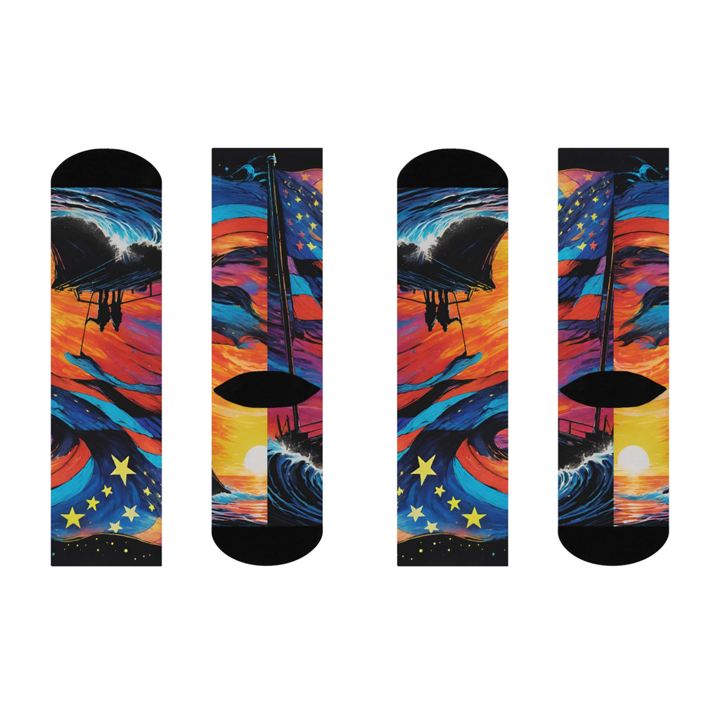 Starry Sunset Sailboat Socks | Colorful Ocean Wave Crew Socks