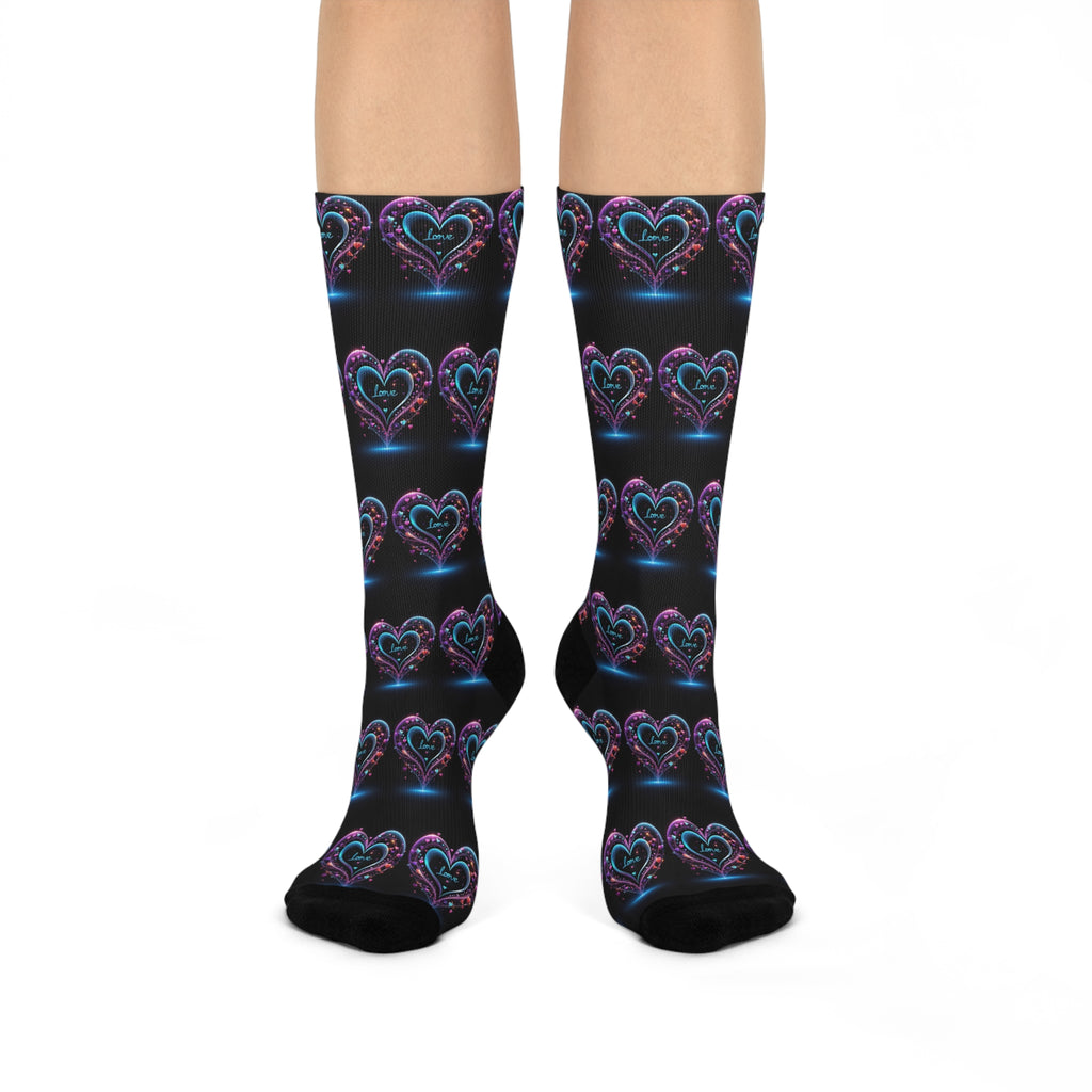Midnight Ethereal Heart Crew Socks - Glowing Neon Love Pattern Socks