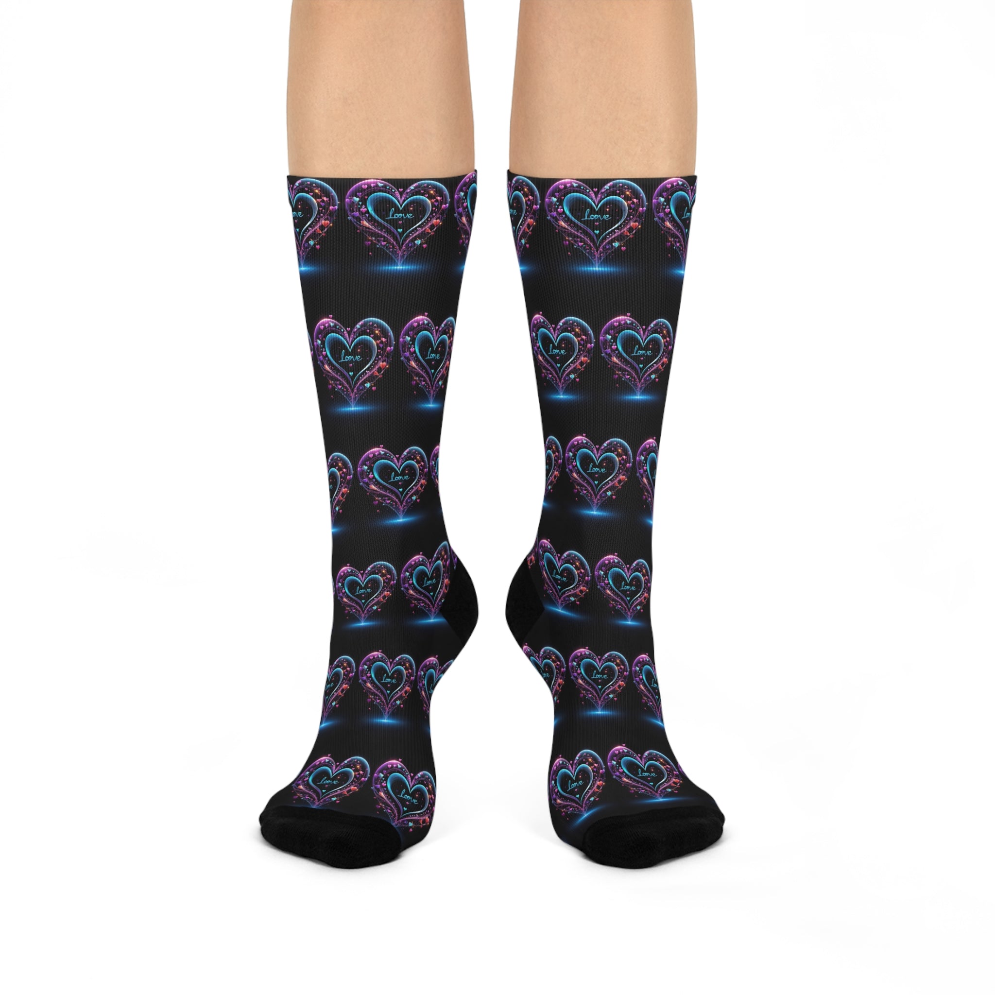 Midnight Ethereal Heart Crew Socks - Glowing Neon Love Pattern Socks