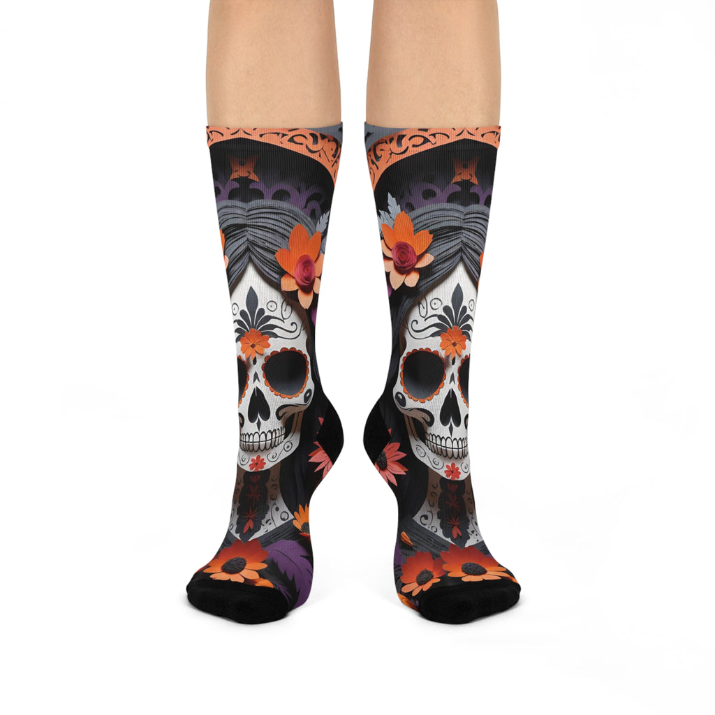 Sugar Skull Catrina Floral Crew Socks | Day of the Dead Calavera Socks