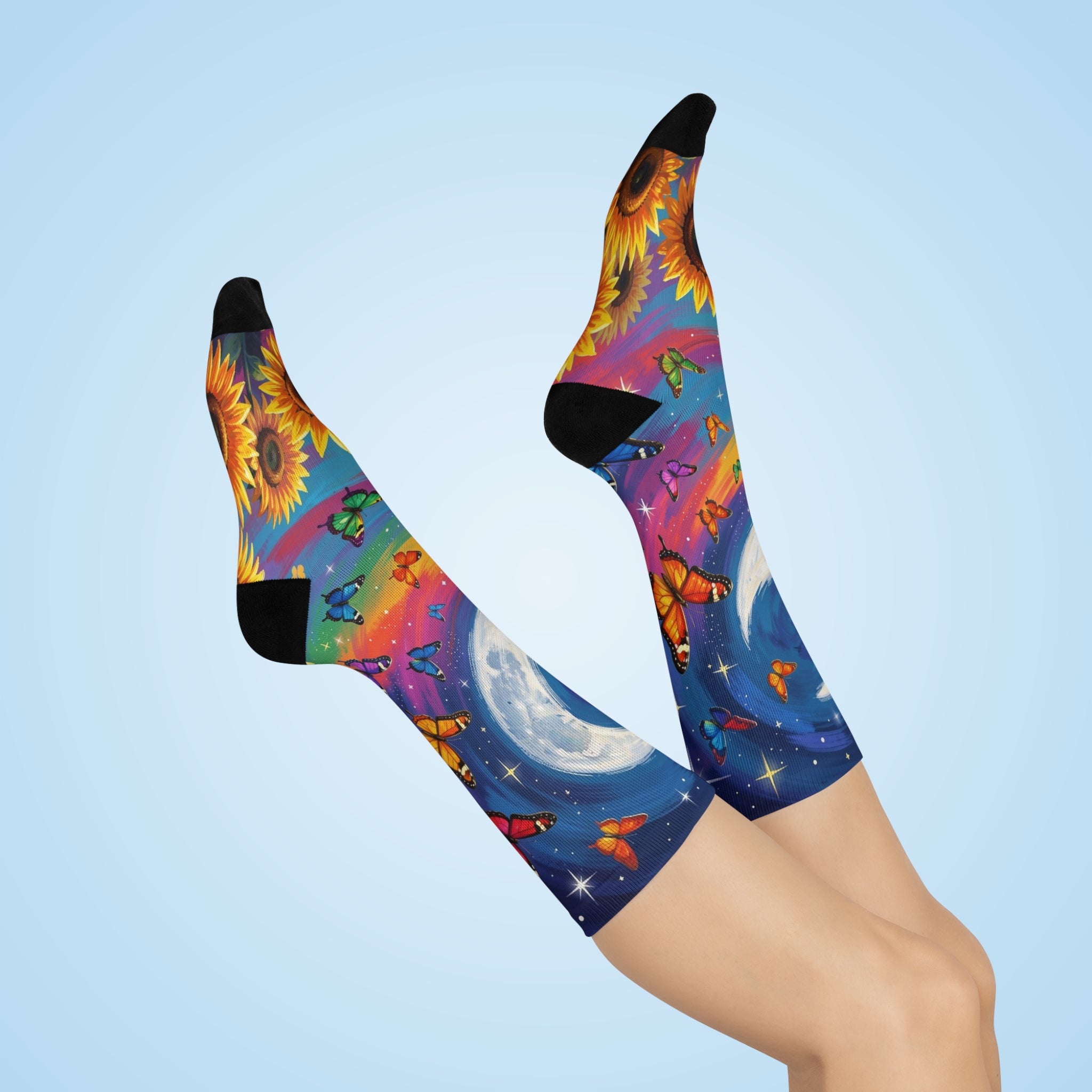 Moon, Rainbow & Sunflower Butterfly Cushioned Crew Socks | Vibrant All-Over Print