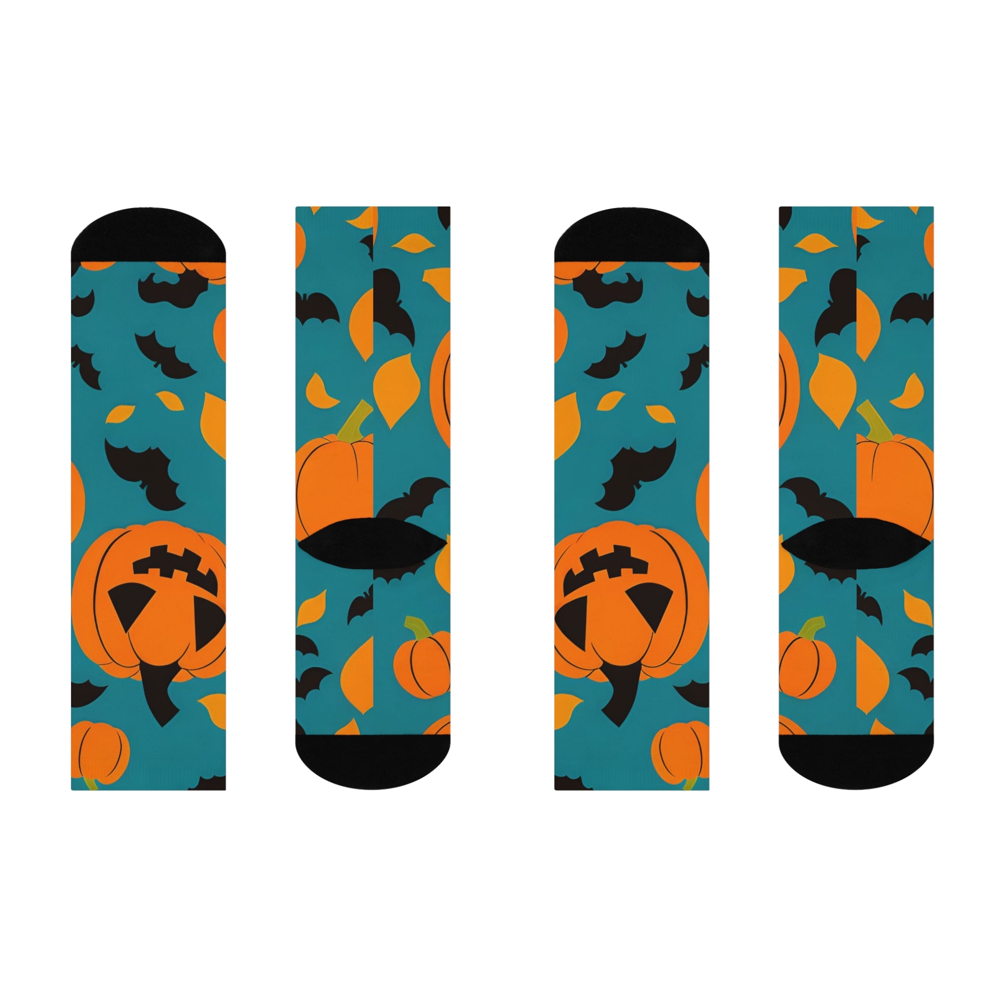 Jack-o'-Lantern Pumpkin and Bats Cushioned Crew Socks | Halloween | Teal Background