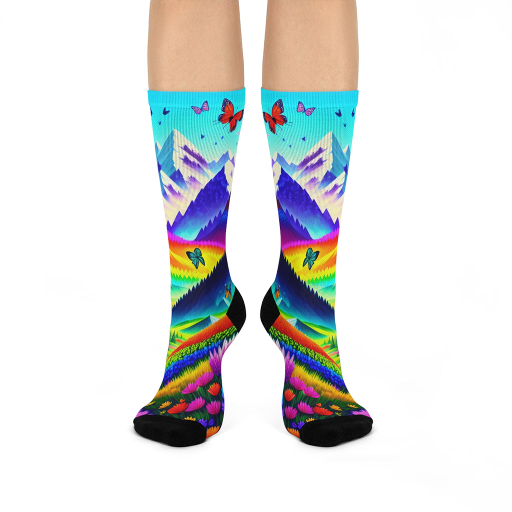 Rainbow Alpine Mountain Crew Socks-Vibrant Butterfly and Snowy Peak Art 2