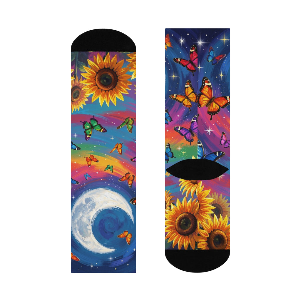 Moon, Rainbow & Sunflower Butterfly Cushioned Crew Socks | Vibrant All-Over Print