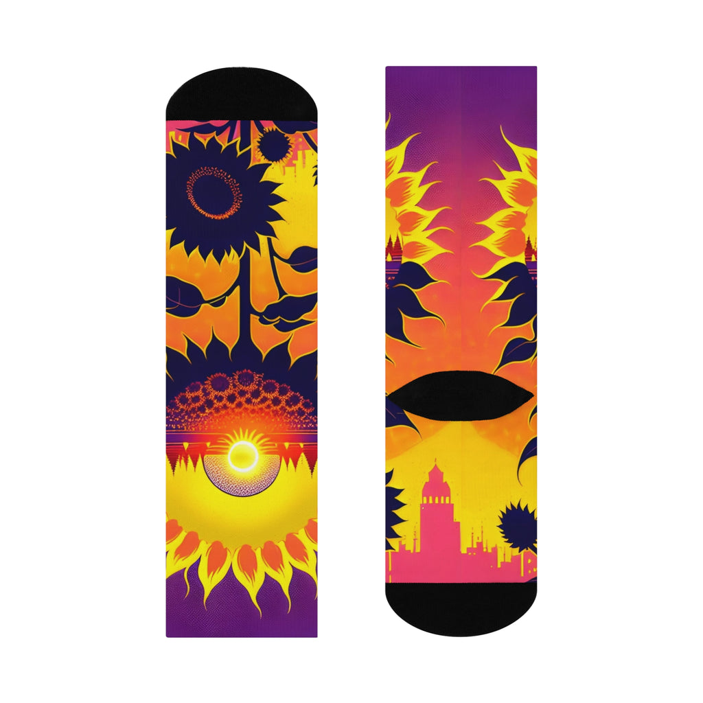 Ethereal Sunflower Eclipse Socks-Surreal Floral and Celestial Horizon Art.