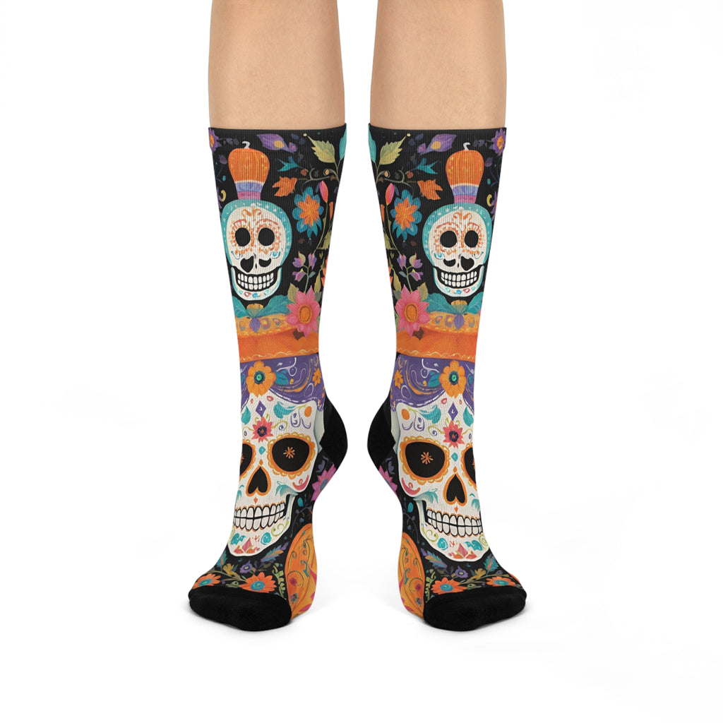 Sugar Skull Pumpkin Socks | Crew Socks, Day of the Dead Floral Pattern
