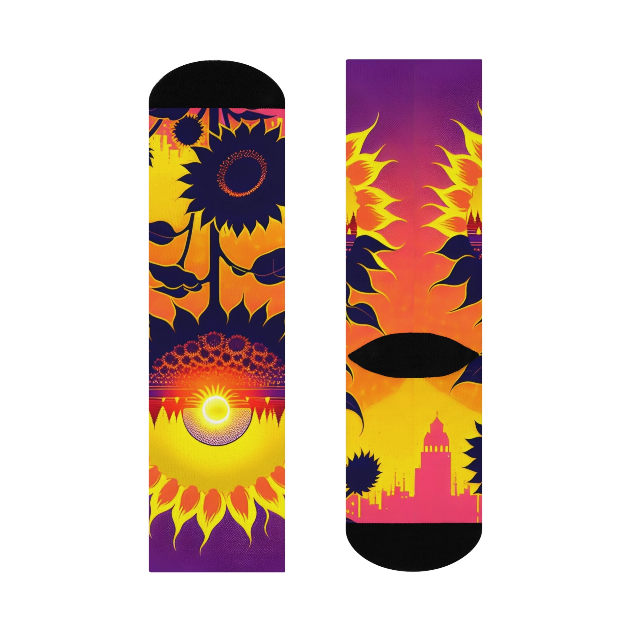 Ethereal Sunflower Eclipse Socks-Surreal Floral and Celestial Horizon Art.