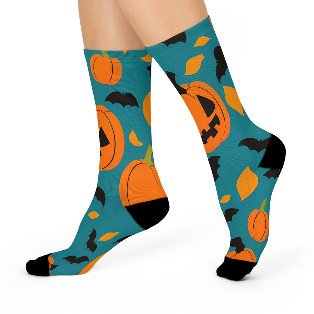 Jack-o'-Lantern Pumpkin and Bats Cushioned Crew Socks | Halloween | Teal Background
