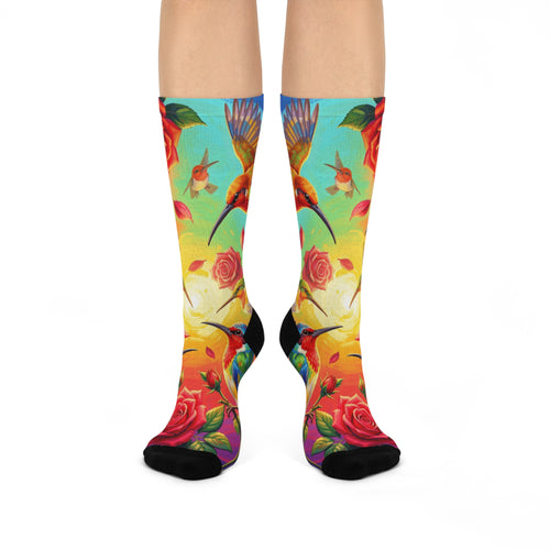 Bright Sun-Hummingbirds and Roses Cushioned Crew Socks | Colorful Floral Bird Pattern