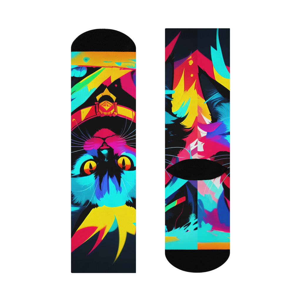 Neon Pop Cat Cushioned Crew Socks | Colorful Feline Graphic