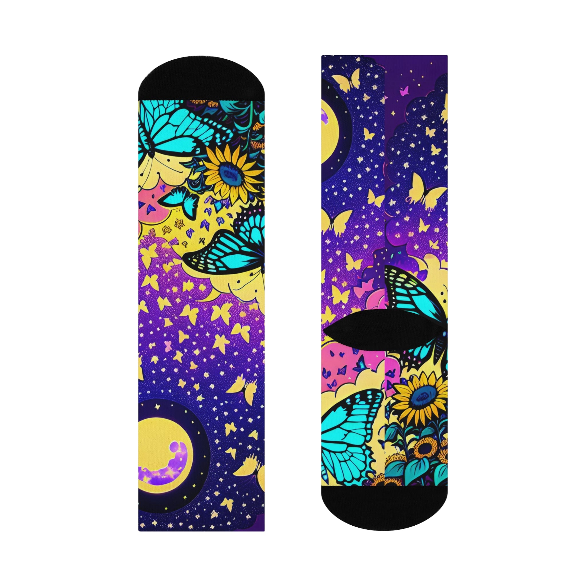 Moonlit and Blue Butterflies Sunflower Crew Socks | Purple Blue Gradient Night Sky