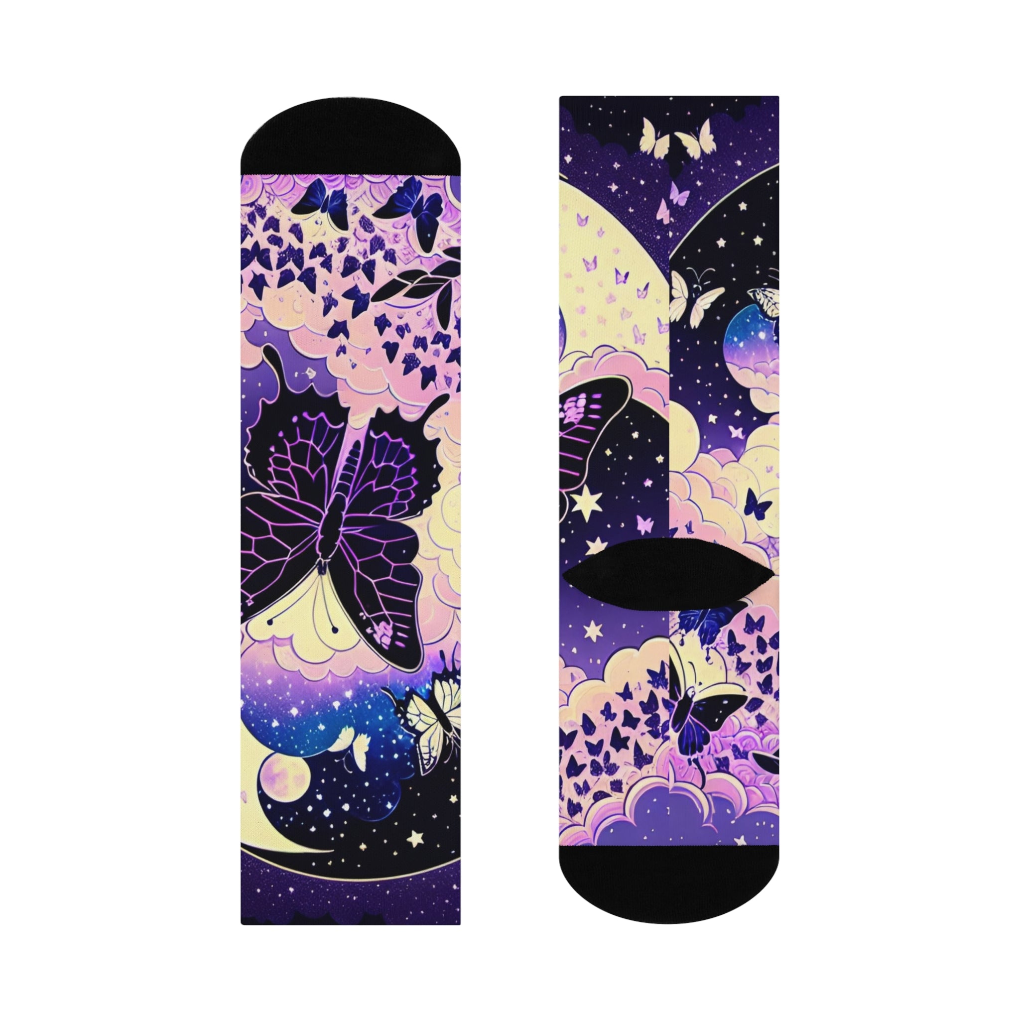 Moonlit Moth Night Sky Crew Socks | Purple Galaxy Butterfly