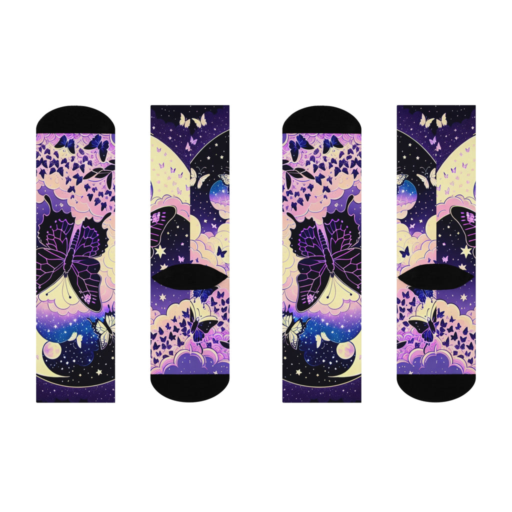 Moonlit Moth Night Sky Crew Socks | Purple Galaxy Butterfly