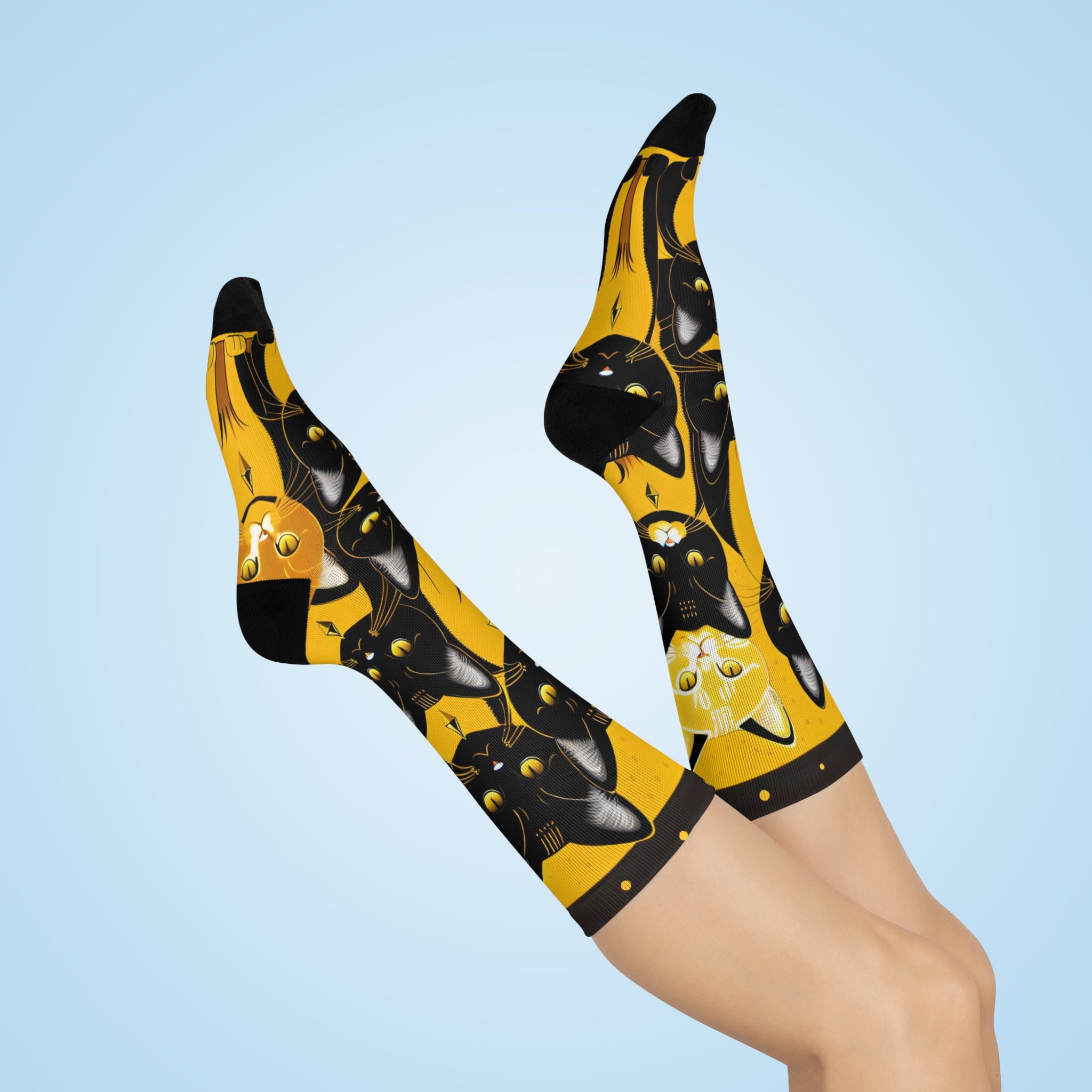 Regal Cat Pattern Socks - Artistic Black Cat and Ginger Tabby Print