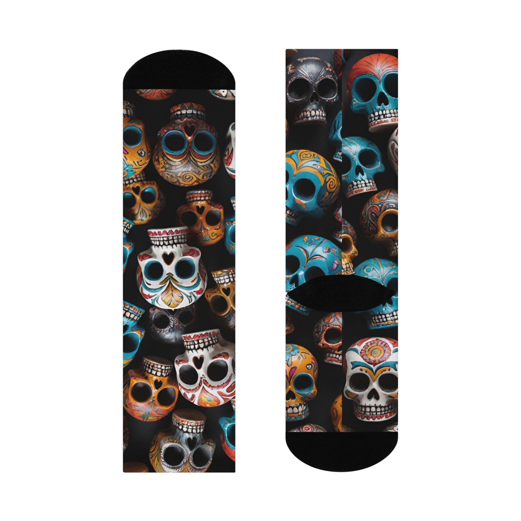 Colorful Sugar Skull Pattern Cushioned Crew Socks | Day of the Dead Skull Socks