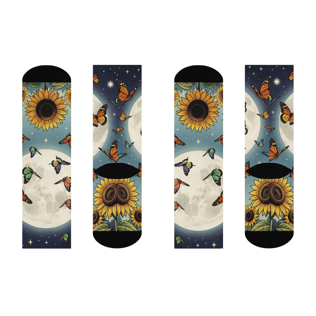 Moonlit Sunflowers Butterfly Crew Socks | Moon and Stars Night Sky Socks