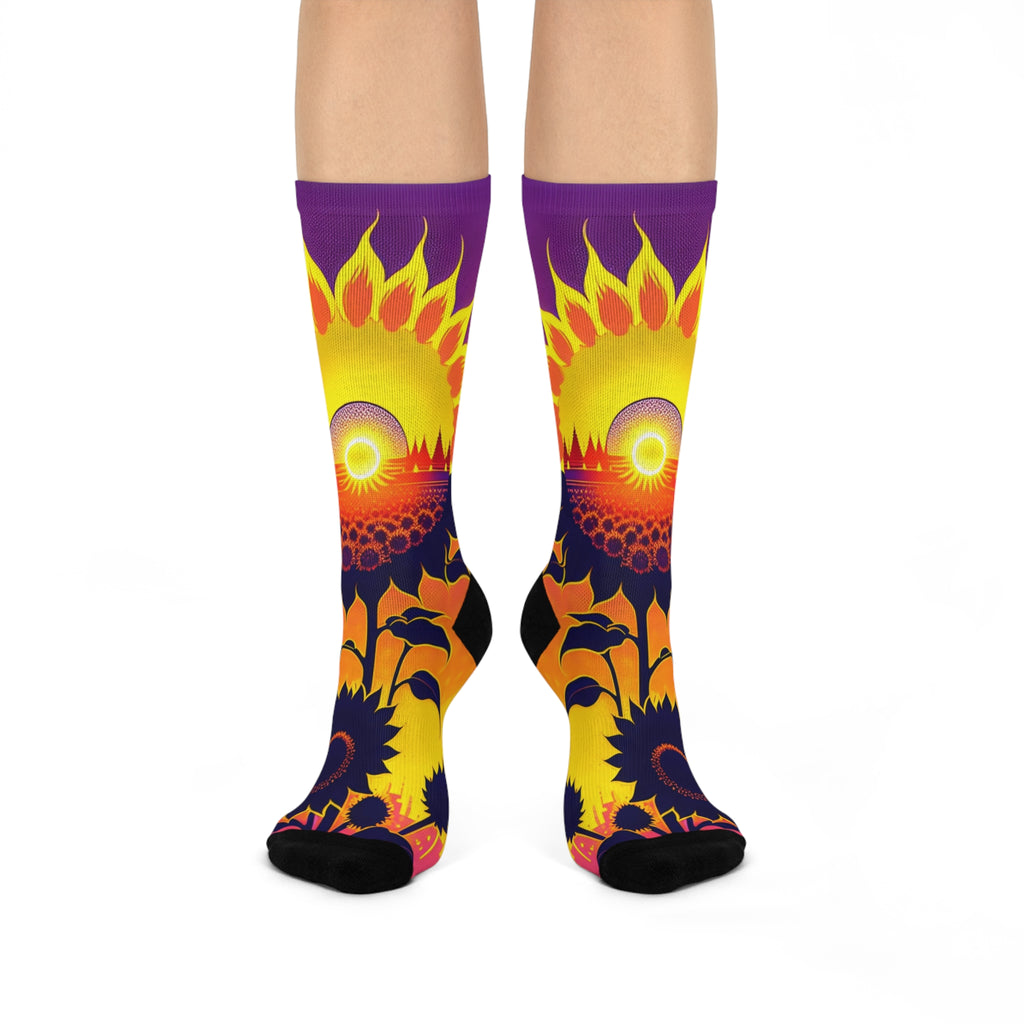 Ethereal Sunflower Eclipse Socks-Surreal Floral and Celestial Horizon Art.