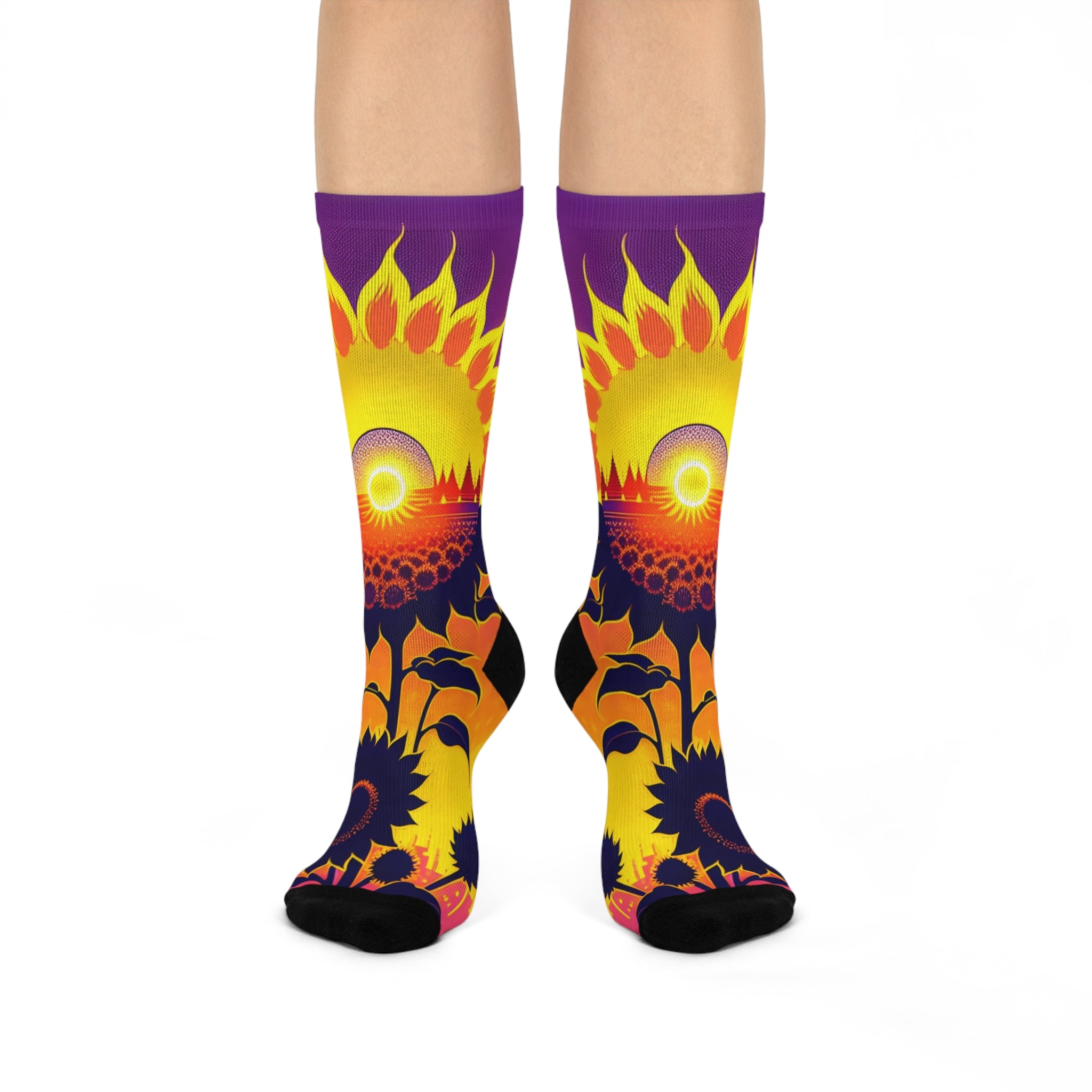 Ethereal Sunflower Eclipse Socks-Surreal Floral and Celestial Horizon Art.