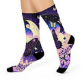 Moonlit Moth Night Sky Crew Socks | Purple Galaxy Butterfly