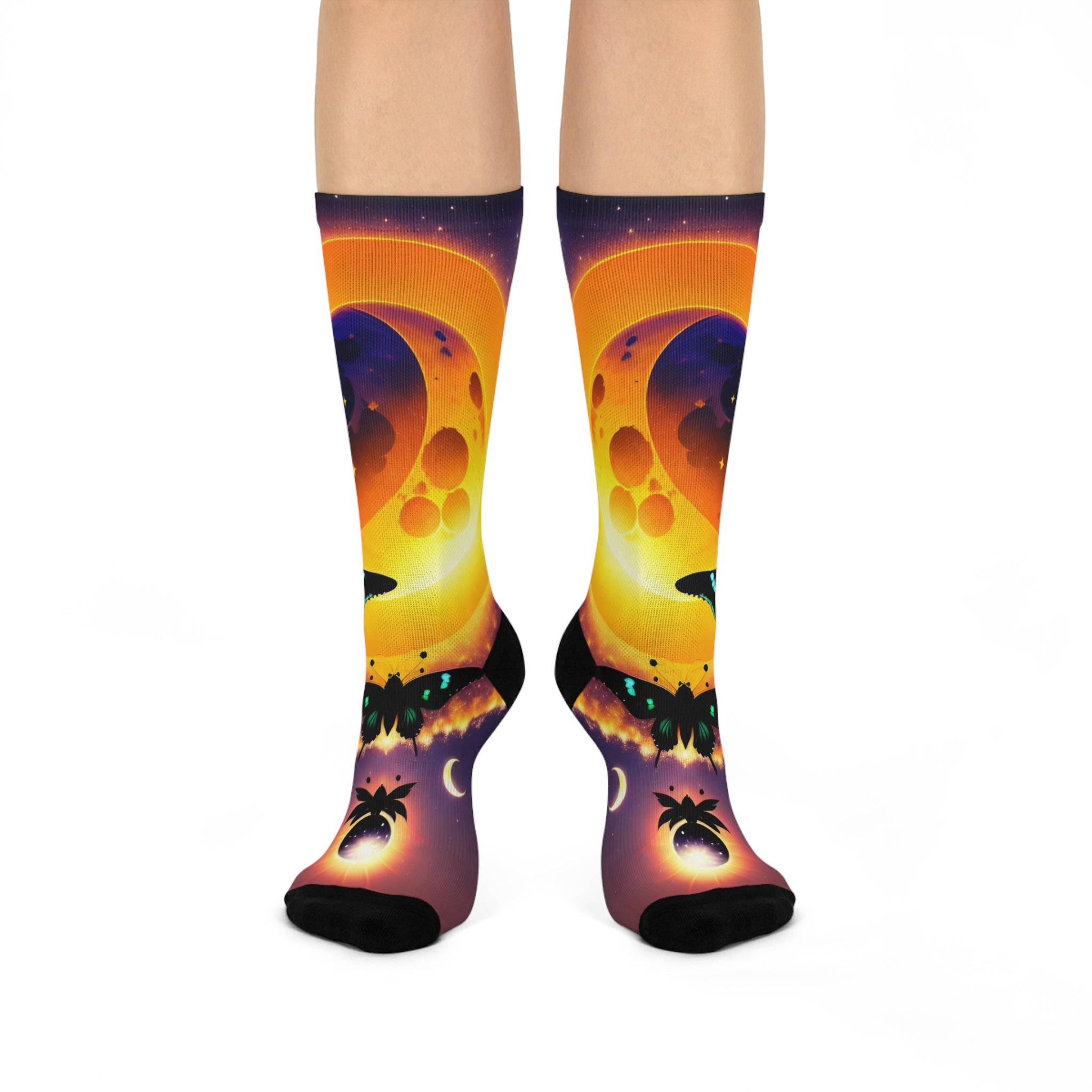 Surreal Sunset Moon Butterfly Crew Socks | Cosmic Night Sky
