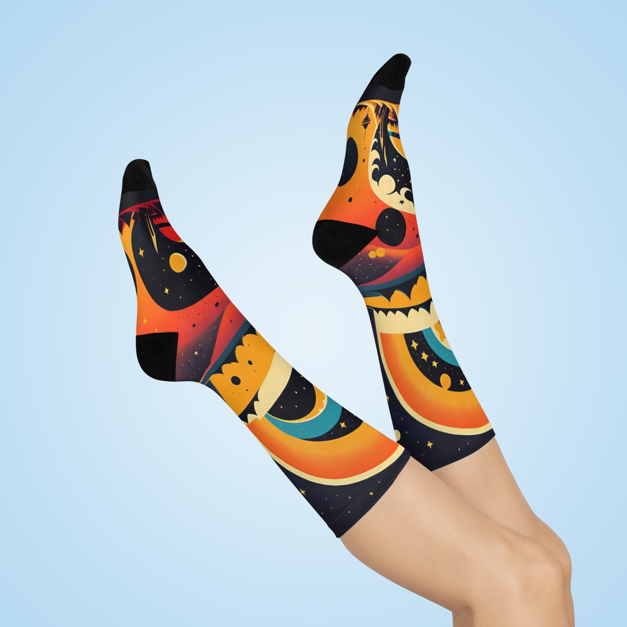 Retro Rainbow Sunset Moon & Stars Cushioned Crew Socks | Cosmic Landscape