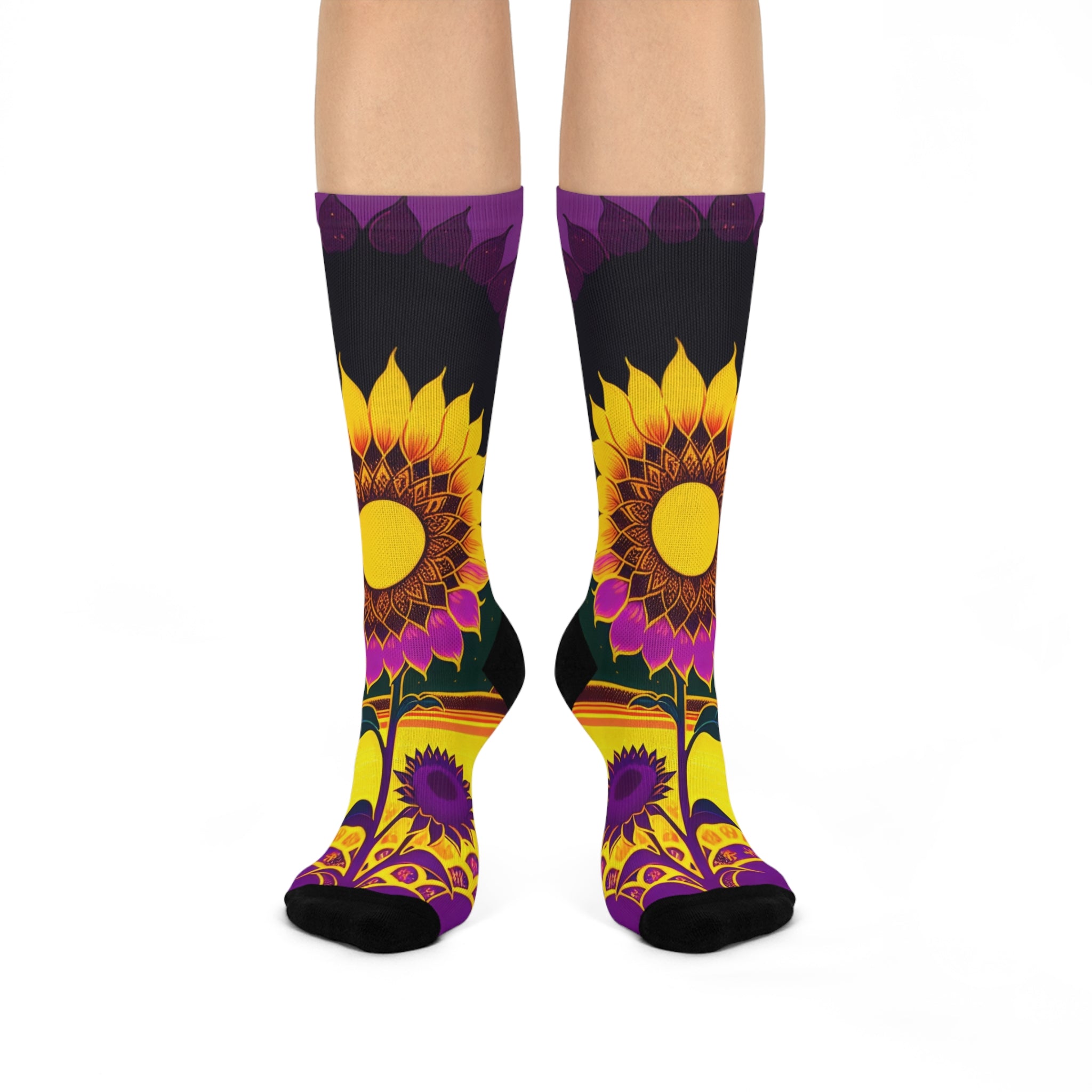 Artistic Sunflower Long Socks - Bold Purple and Gold Floral Crew socks-
