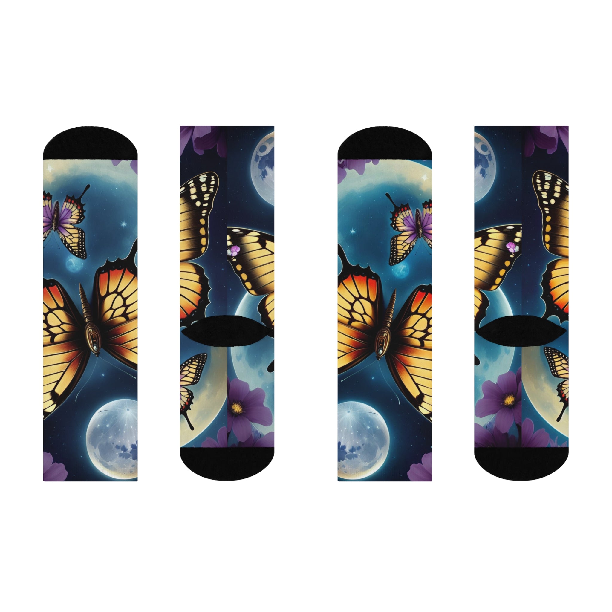 Midnight Monarch Butterfly Socks-Surreal Moon and Monarch Wings Crew Socks.