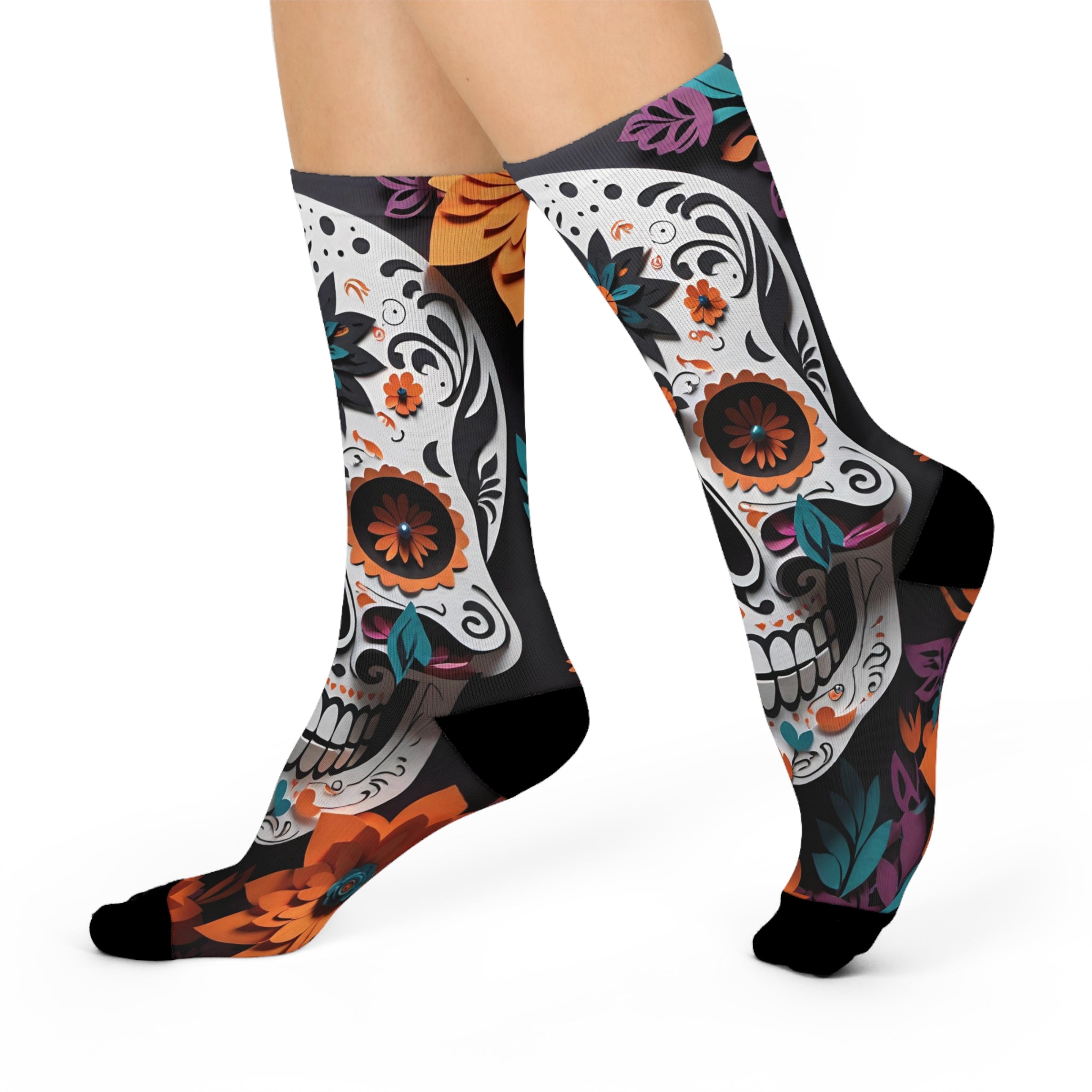 Calavera Blue and orange Floral Crew Socks | Day of the Dead Floral Pattern