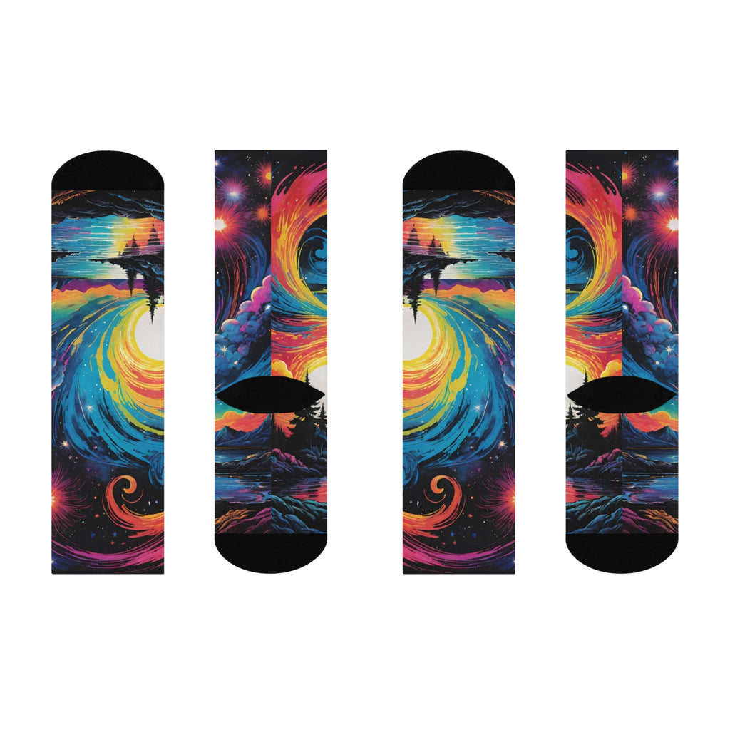 Cosmic Sunrise Landscape Crew Socks | Galaxy Night Sky, Colorful Swirl