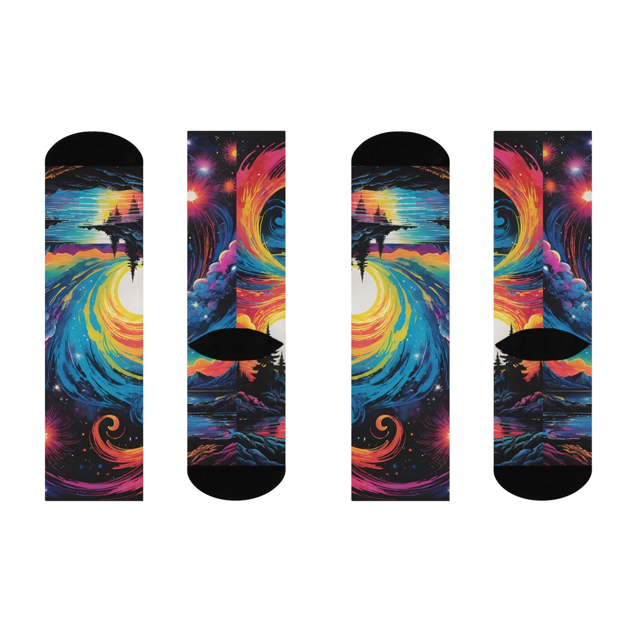 Cosmic Sunrise Landscape Crew Socks | Galaxy Night Sky, Colorful Swirl