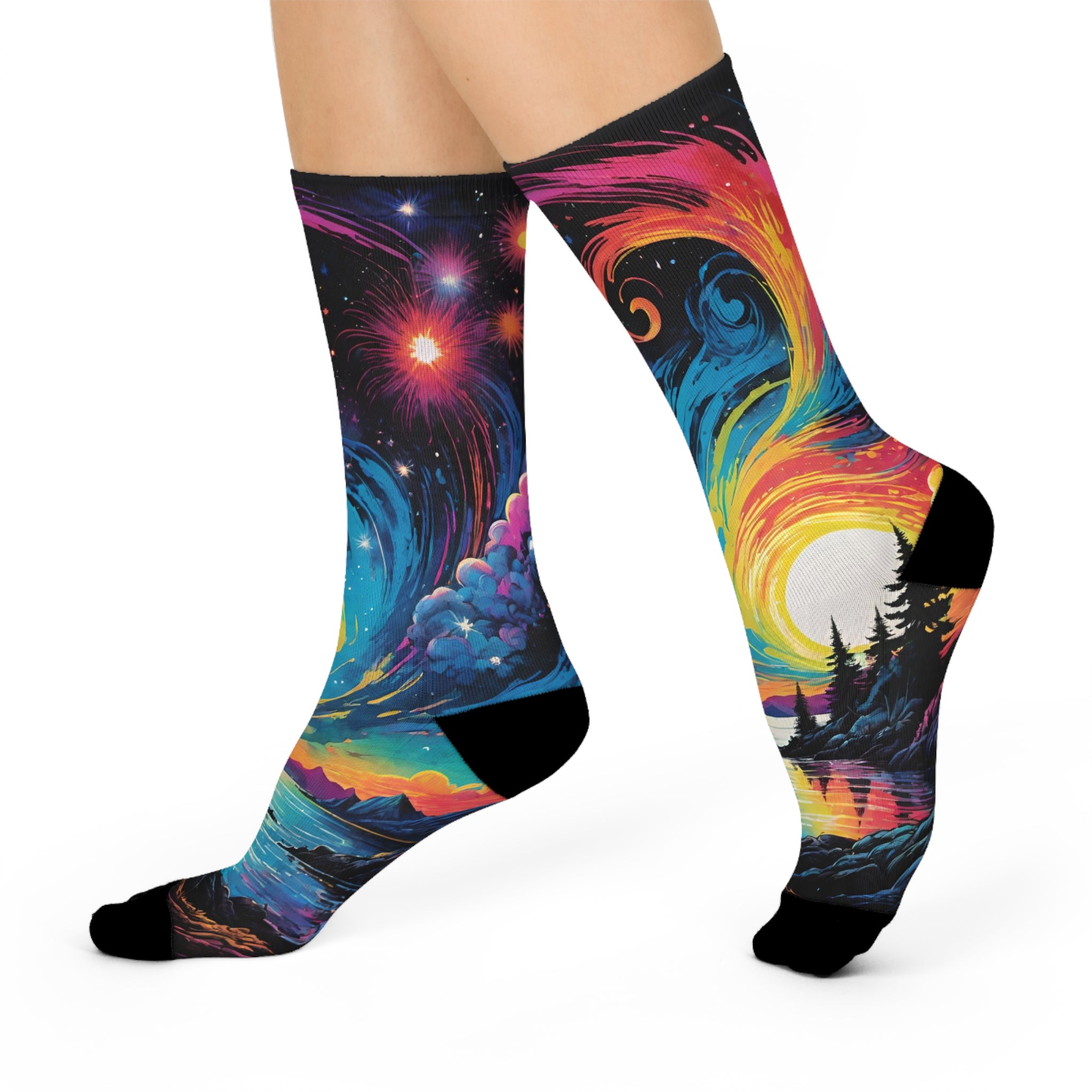 Cosmic Sunrise Landscape Crew Socks | Galaxy Night Sky, Colorful Swirl