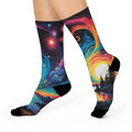 Cosmic Sunrise Landscape Crew Socks | Galaxy Night Sky, Colorful Swirl