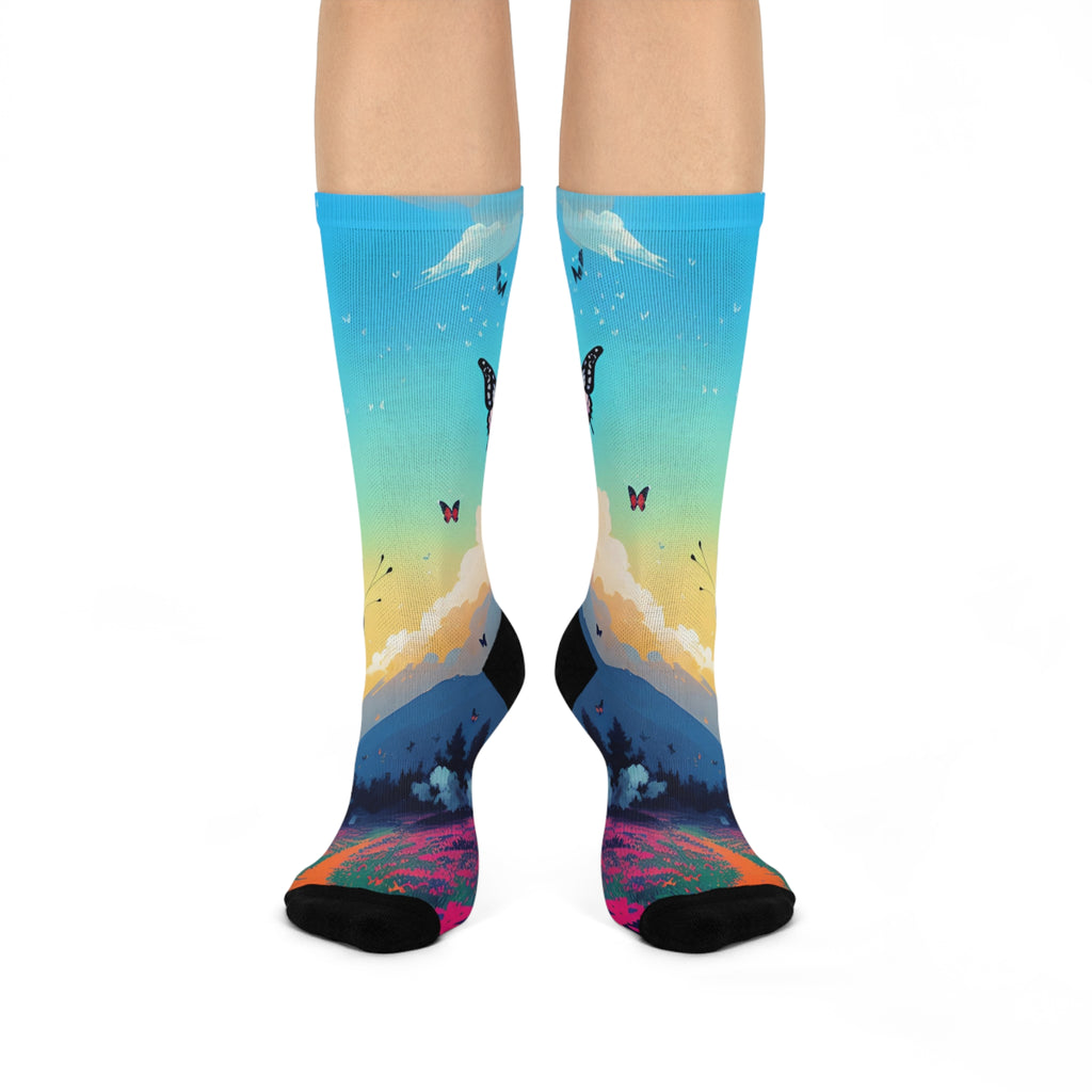 Butterfly Nature Art Socks - colorful sunset Design / Cozy Artistic Socks.