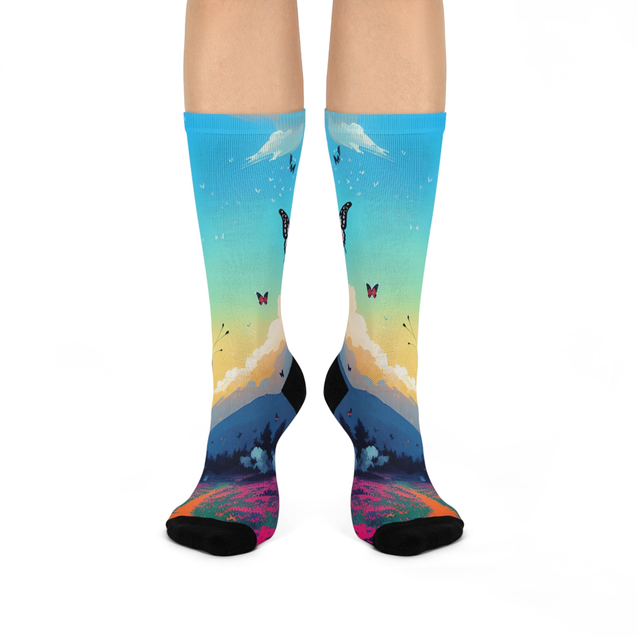 Butterfly Nature Art Socks - colorful sunset Design / Cozy Artistic Socks.