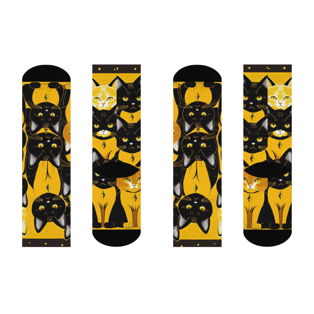 Regal Cat Pattern Socks - Artistic Black Cat and Ginger Tabby Print