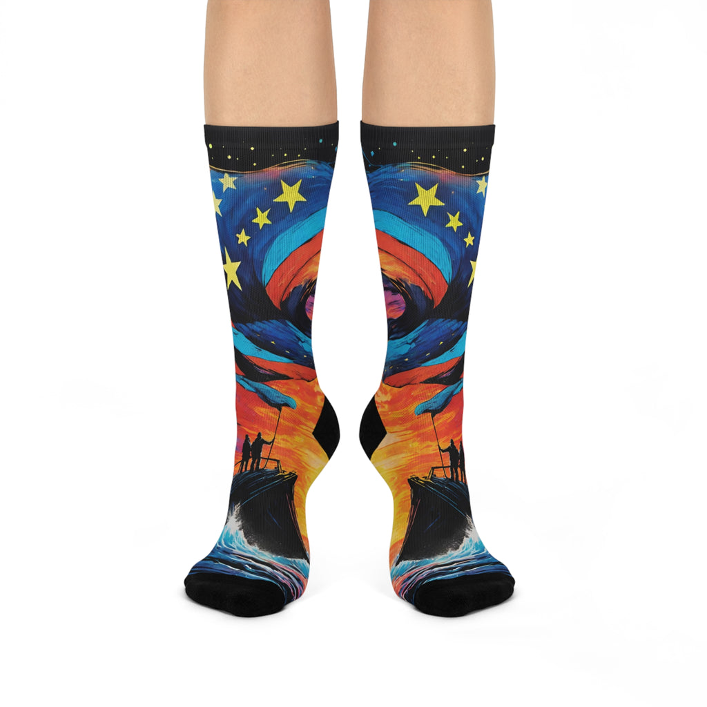 Starry Sunset Sailboat Socks | Colorful Ocean Wave Crew Socks