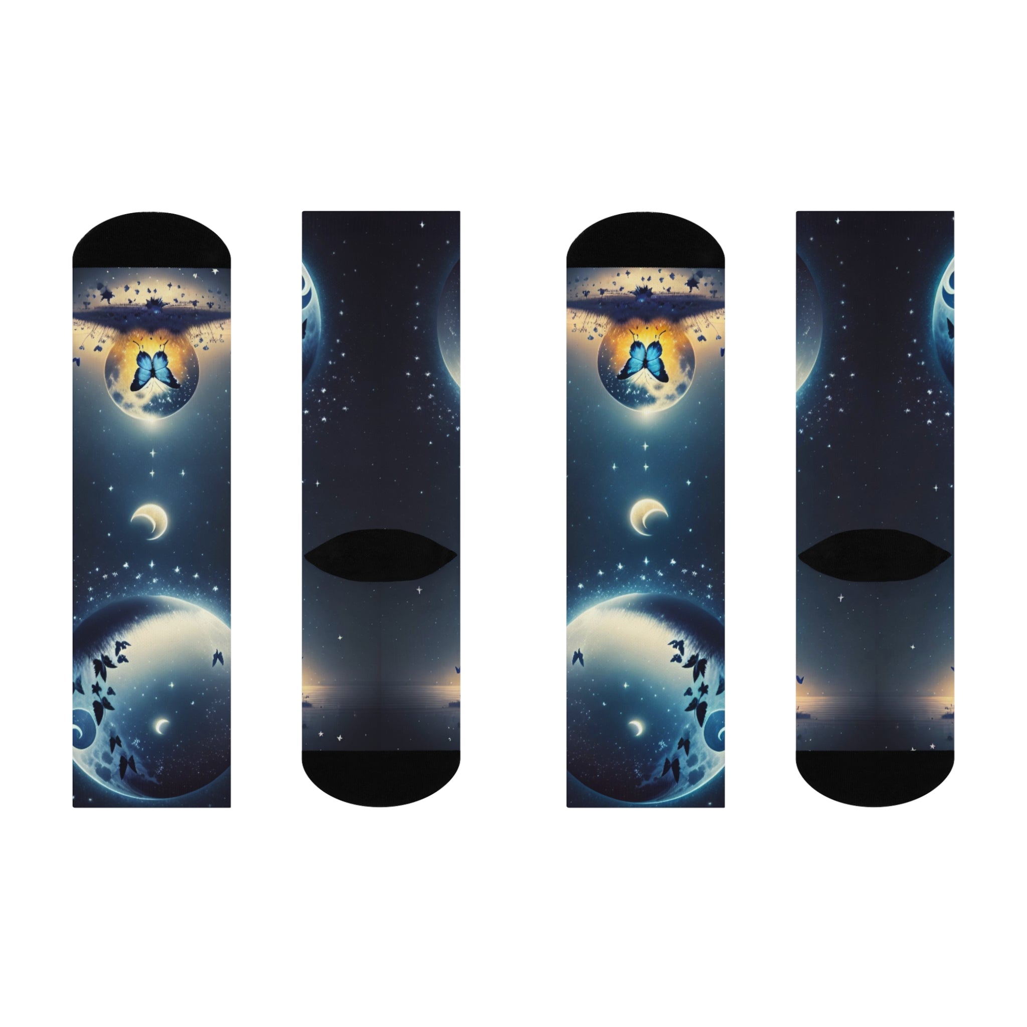 Celestial Butterfly Galaxy Socks - Cosmic Moonlight and Butterfly Silhouette