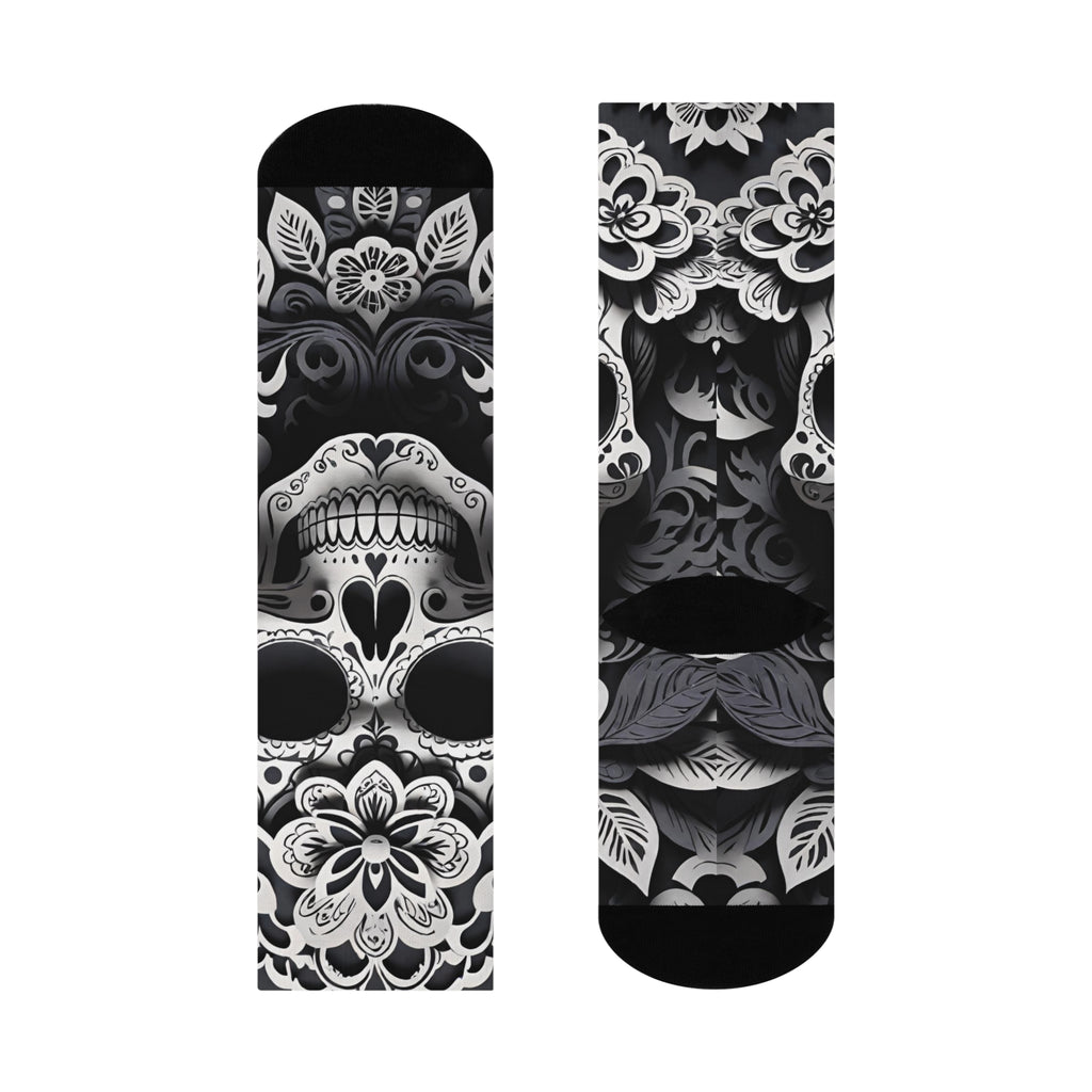 Sugar Skull Floral Cushioned Crew Socks | Day of the Dead Black White