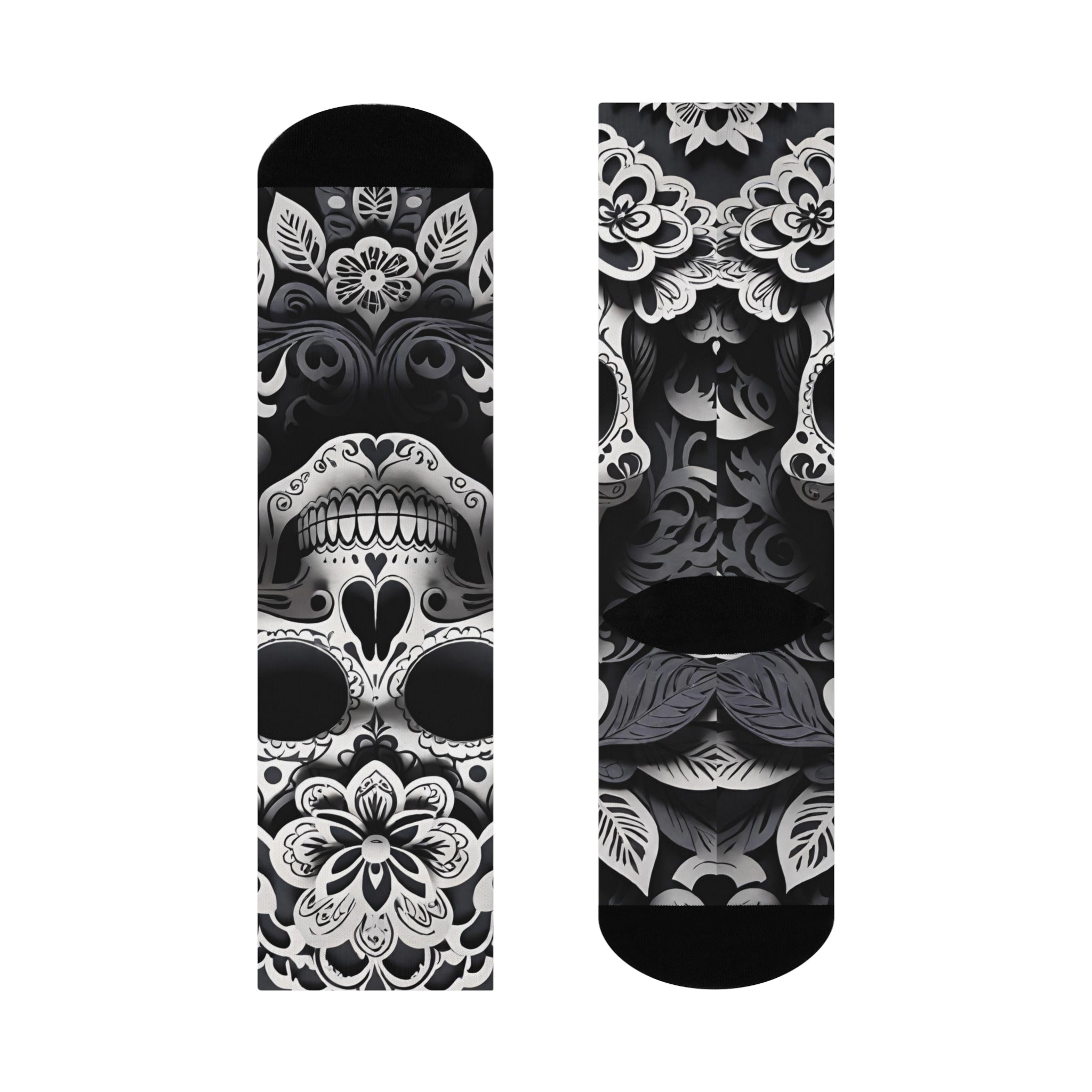 Sugar Skull Floral Cushioned Crew Socks | Day of the Dead Black White
