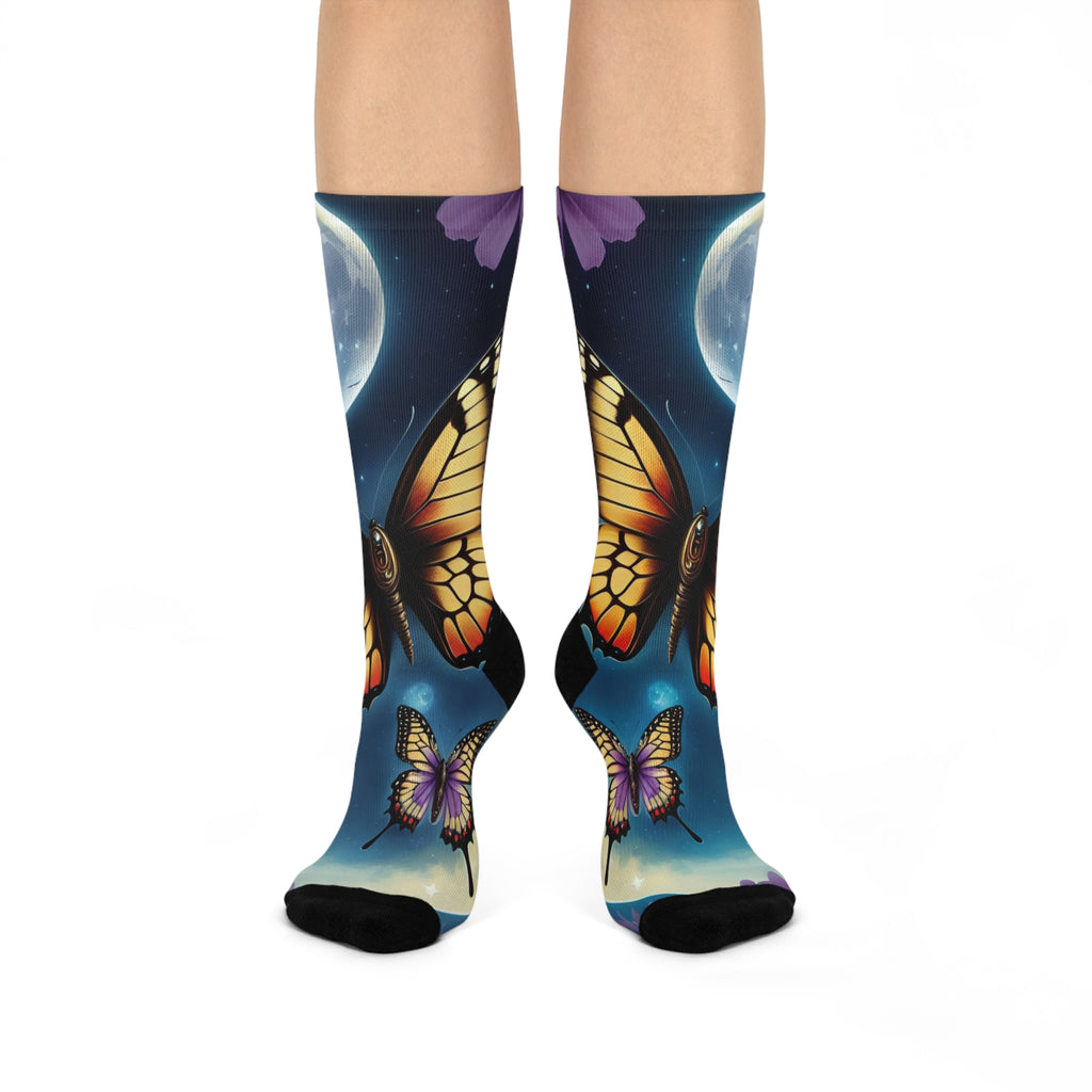 Midnight Monarch Butterfly Socks-Surreal Moon and Monarch Wings Crew Socks.