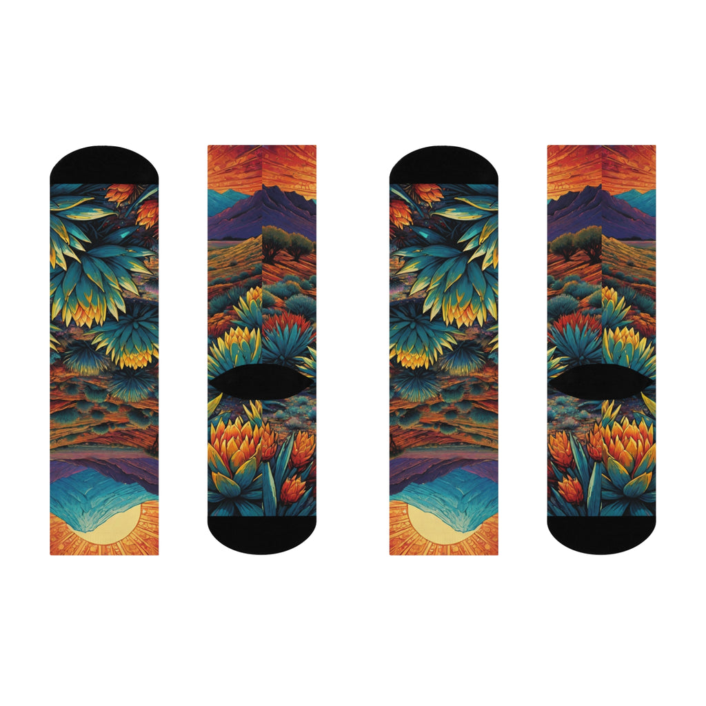Golden Agave Desert Sunrise Crew Socks - Vibrant Southwest Landscape Art