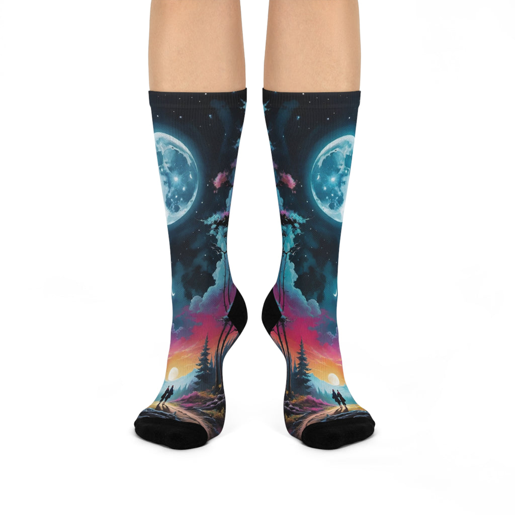 Moonlit Forest Crew Socks | Night Sky Full Moon Landscape