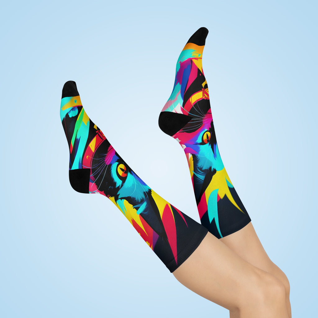 Neon Pop Cat Cushioned Crew Socks | Colorful Feline Graphic