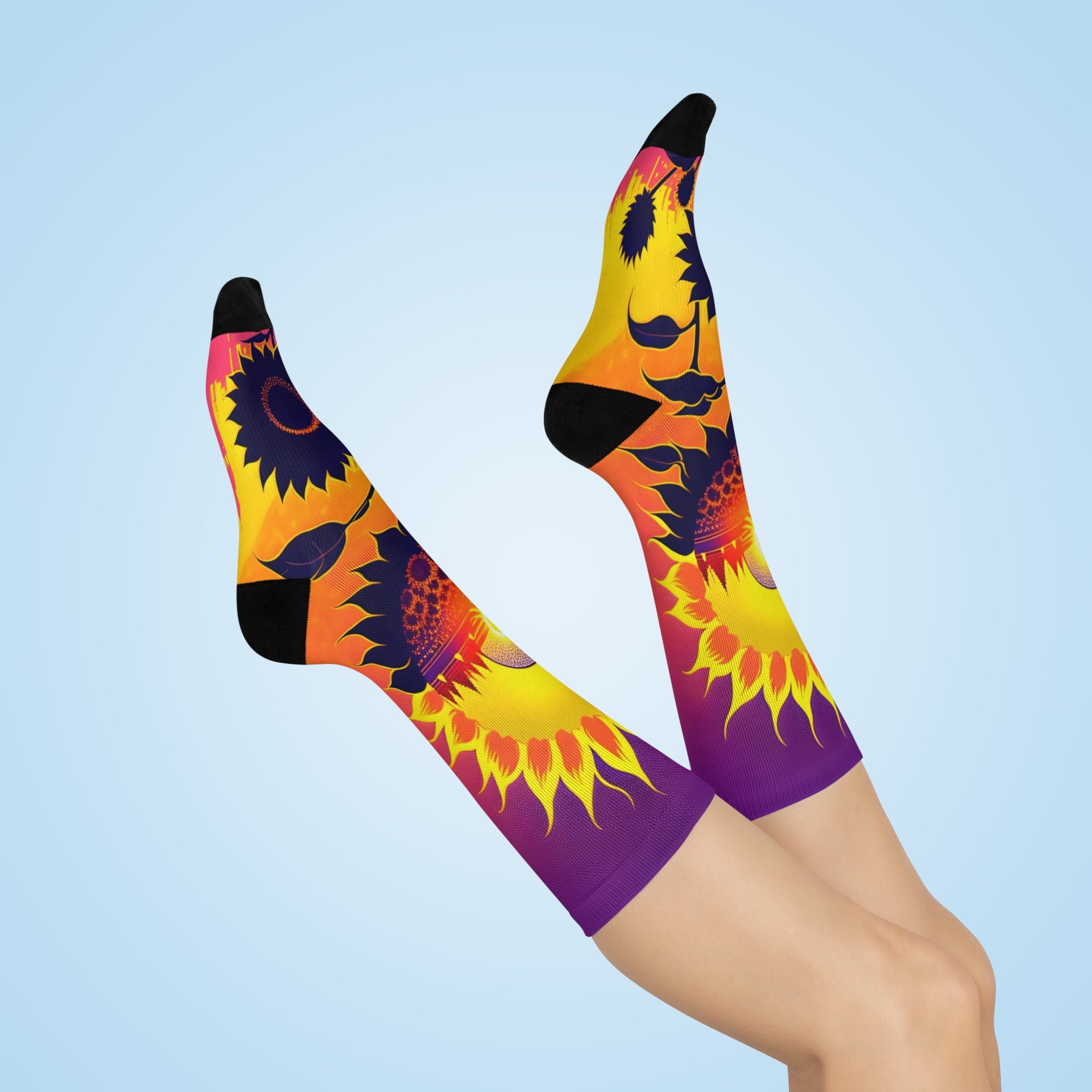 Ethereal Sunflower Eclipse Socks-Surreal Floral and Celestial Horizon Art.