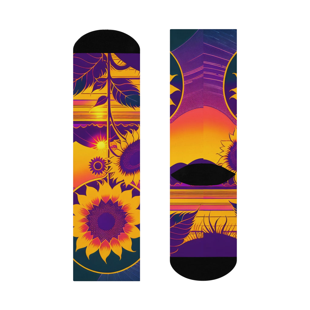 Cosmic Sunflower Sunset Crew Socks -Boho Mountain Landscape Art