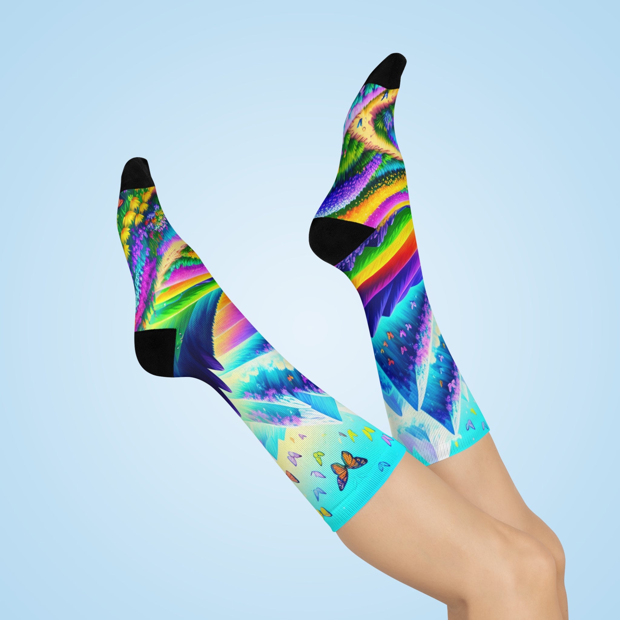 Rainbow Alpine Mountain Crew Socks - Vibrant Butterfly and Snowy Peak Art 1